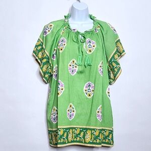 Umgee Green Pullover Boho Bloom Border Top Sz. XL